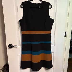 Nina Leonard Black Dress with Brown and Blue Stripes